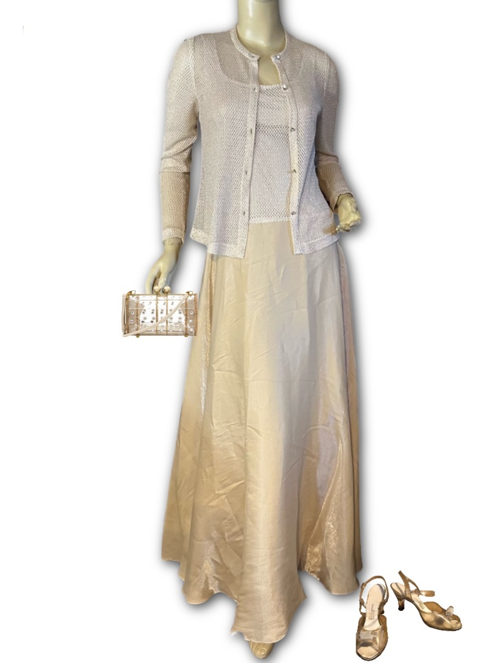 VINTAGE CACHE BEIGE KNIT W/GOLD SATIN LONG COCKTAIL DRESS W/CARDIGAN (4)
